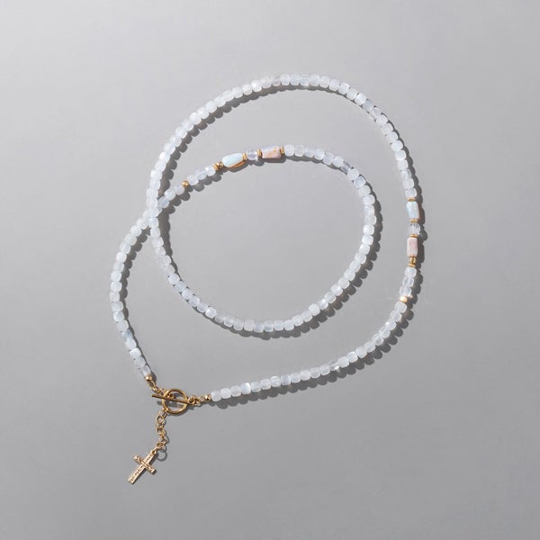 White moonstone × Boulder opal × Danburite cross necklace