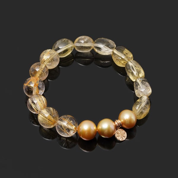 Gold pearl × Rutile quartz × Lemon quartz one of a kind bracelet